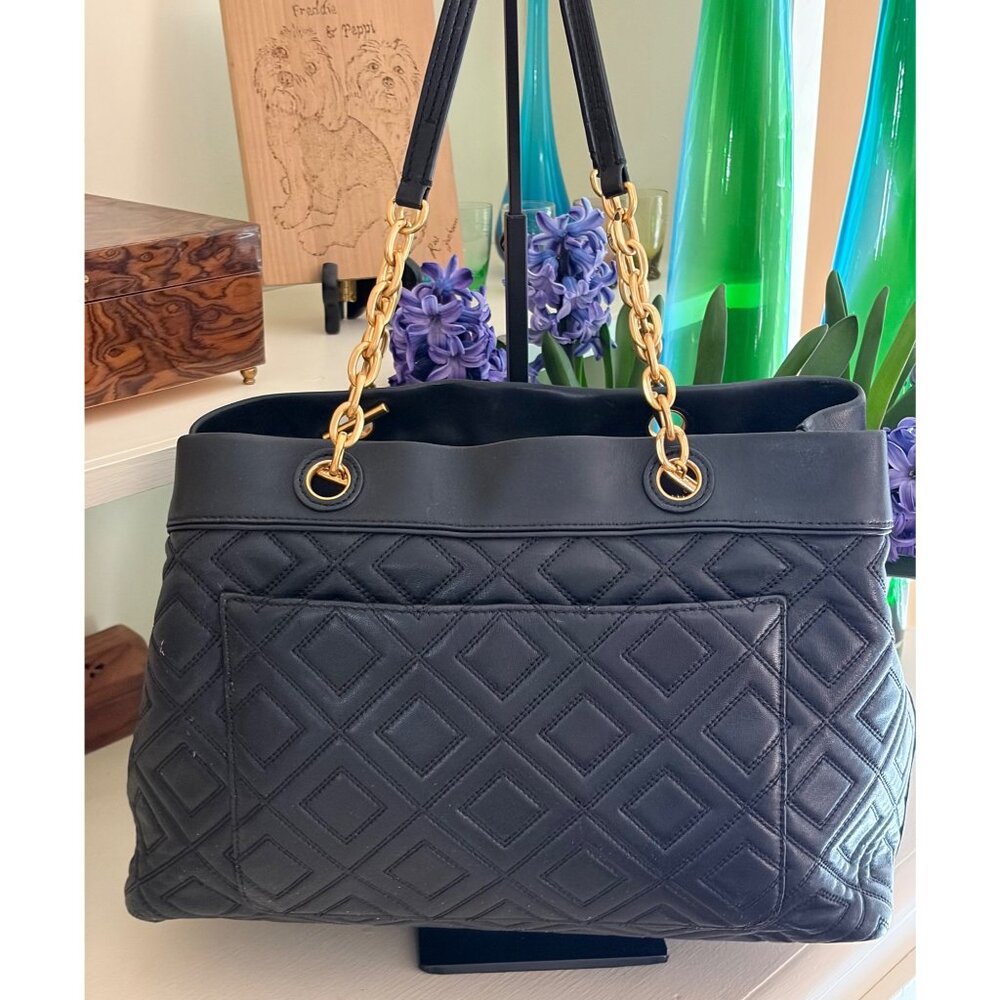 Tory Burch Fleming Quilted Leather Diamond Handbag Black Triple-Compartment Tote - Picture 6 of 14